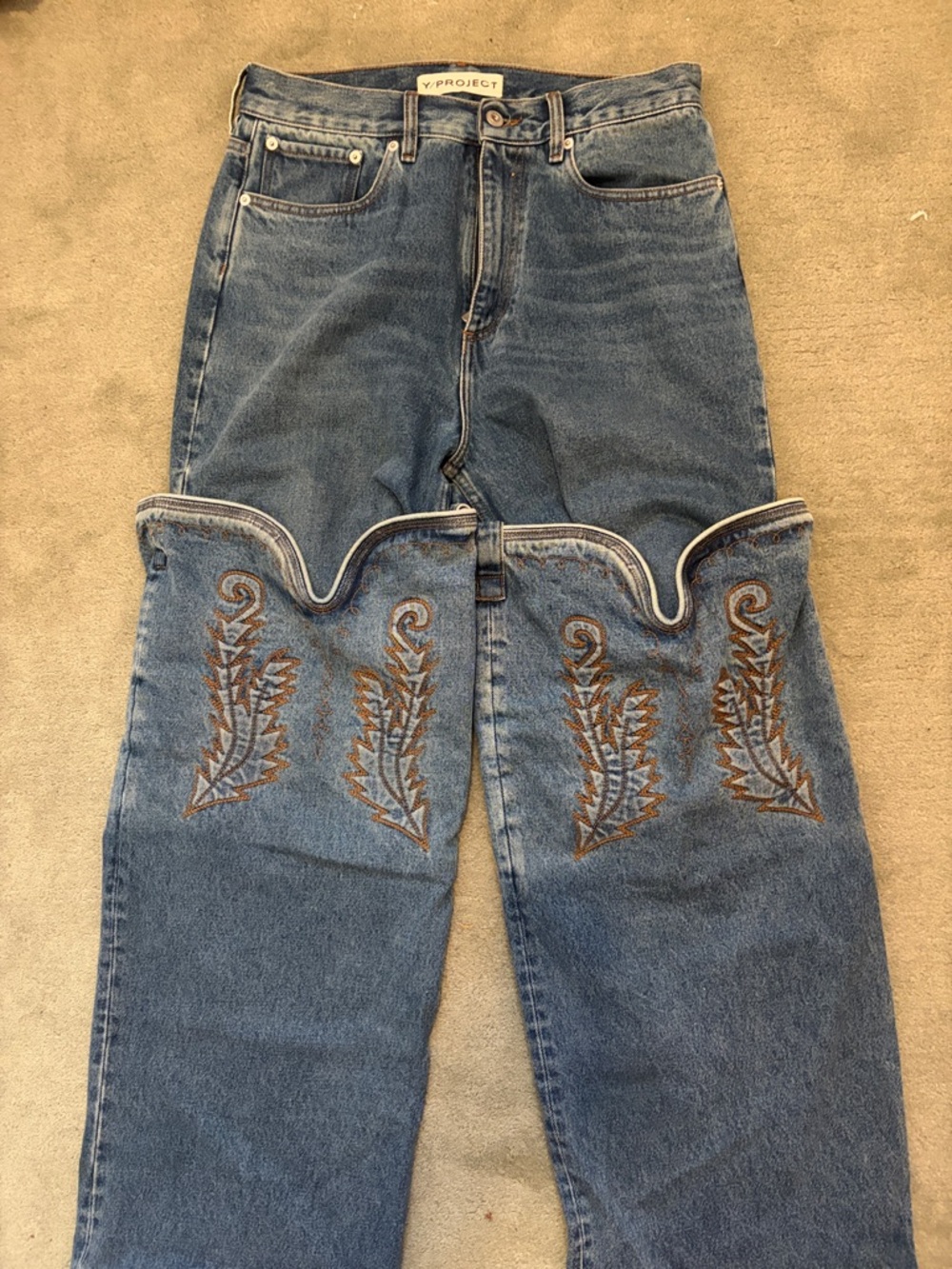 Y/Project Blue Denim Jeans with Brown Embroidered Western Detail